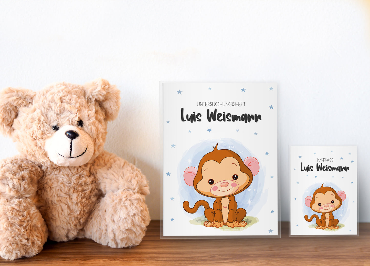 Uhefthülle_und_Impfpasshülle_babytiere_affe_blau