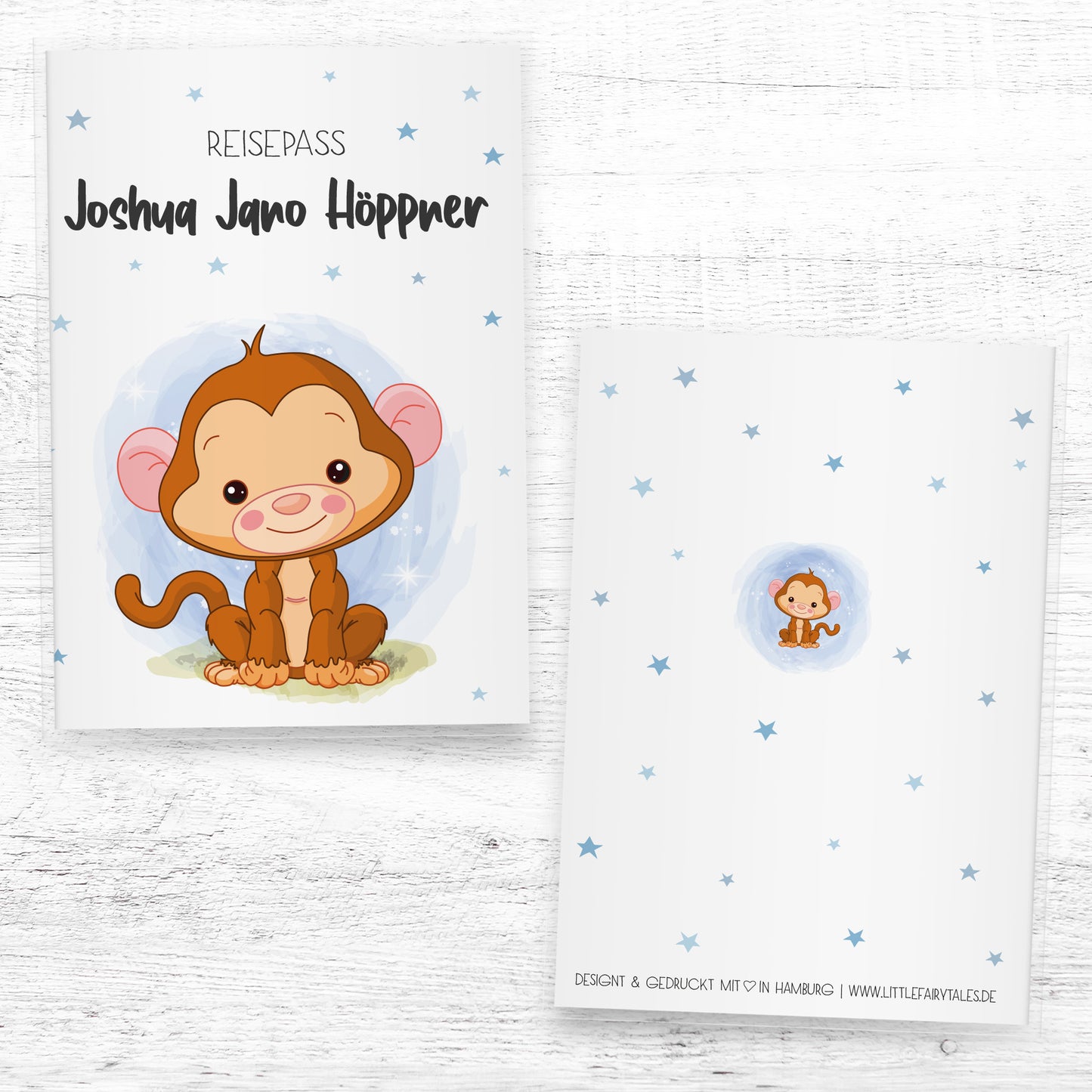 Kinder_Reisepasshülle_mit_Namen_Babytiere_Affe_Blau