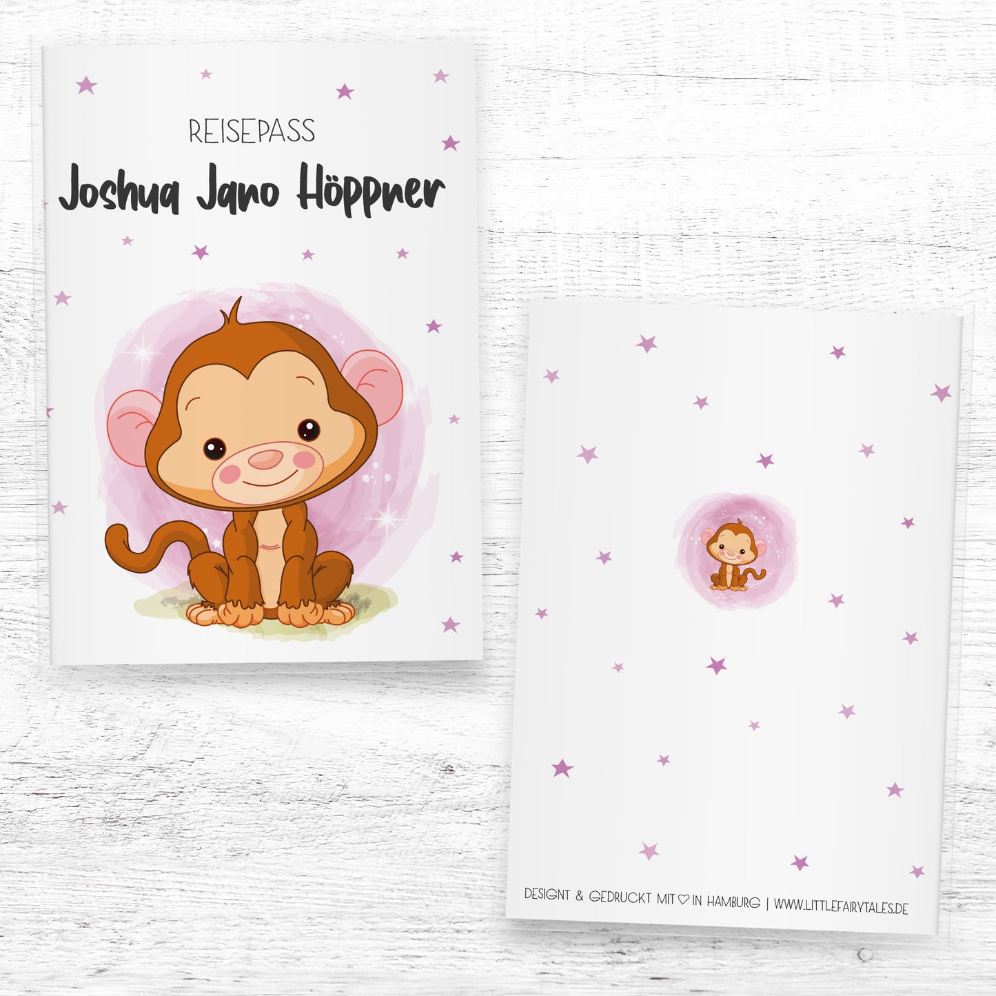 Kinder_Reisepasshülle_mit_Namen_Babytiere_Affe_Rosa
