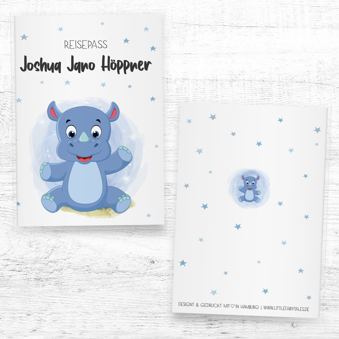 Kinder_Reisepasshülle_mit_Namen_Babytiere_Nashorn_blau