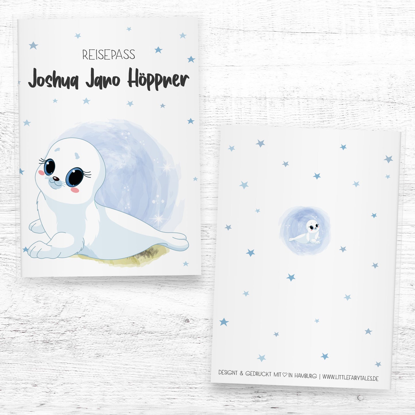 Kinder_Reisepasshülle_mit_Namen_Babytiere_Robbe_blau