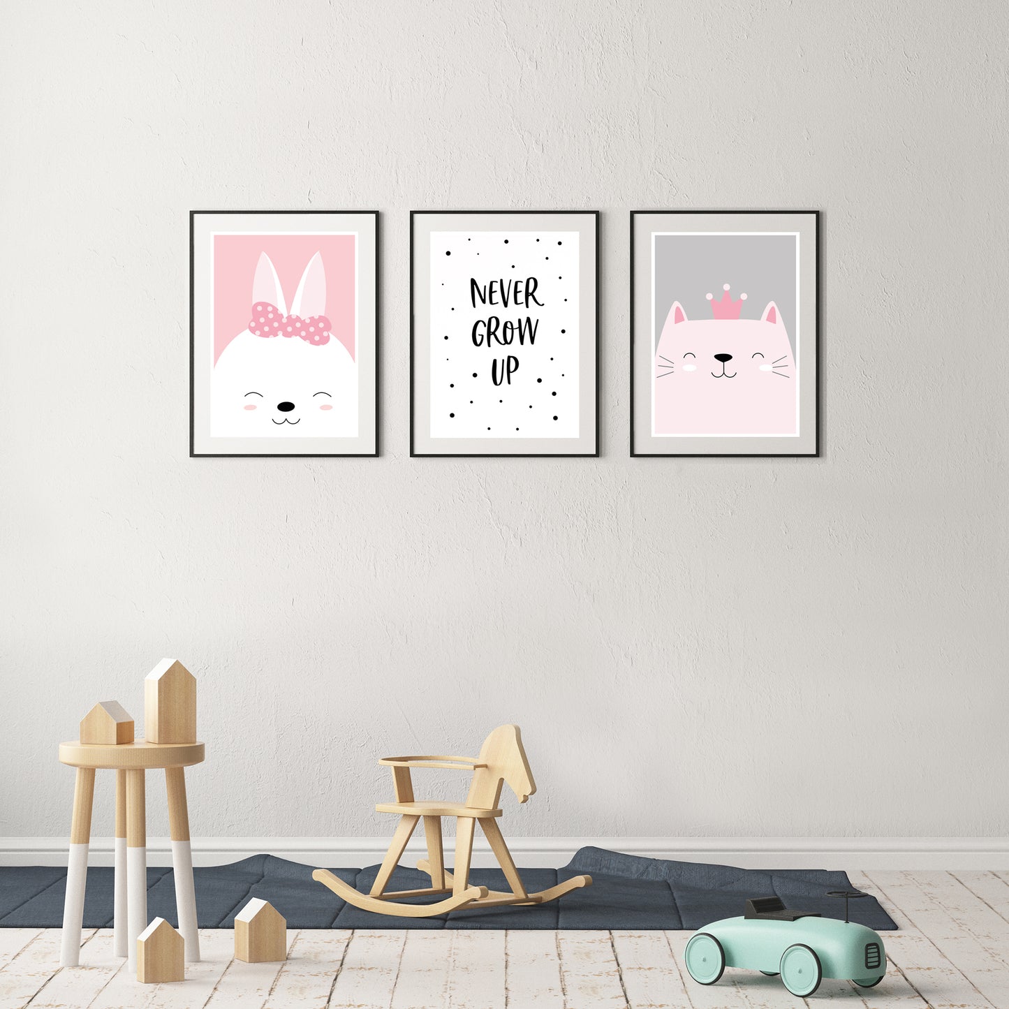 Kinderposter 3er Set, DINA4, "Hase, Never Grow Up, Katze" - Little Fairy Tales
