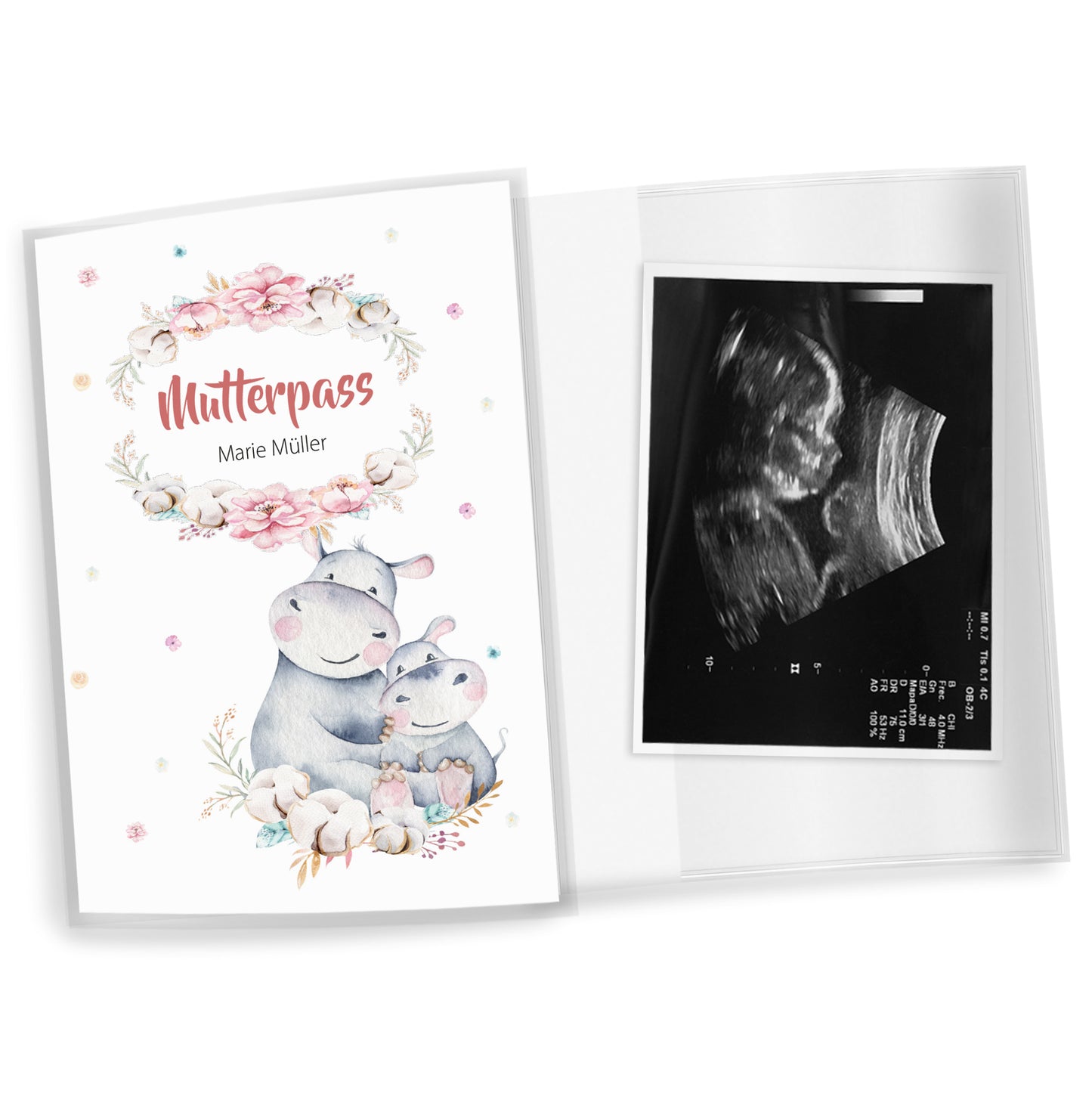 Mutterpasshülle personalisiert, Niedliche Tiere "Nilpferd" - Little Fairy Tales