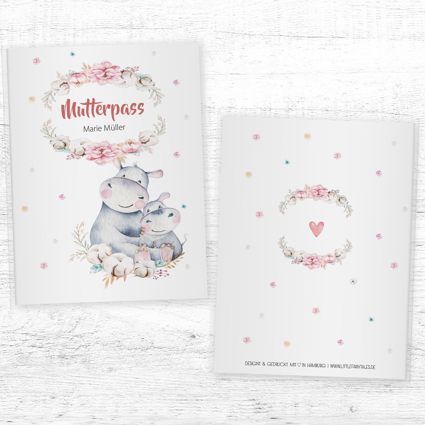 Mutterpasshülle personalisiert, Niedliche Tiere "Nilpferd" - Little Fairy Tales