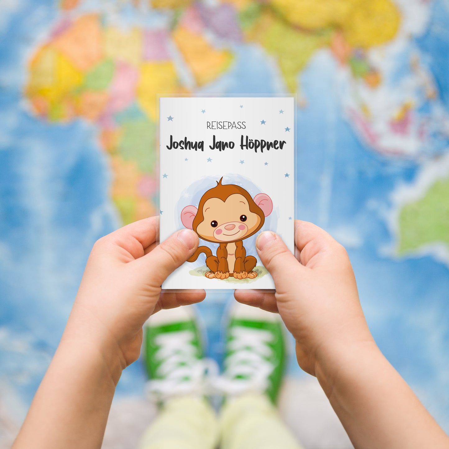 Kinder_Reisepasshülle_mit_Namen_Babytiere_Affe_Blau