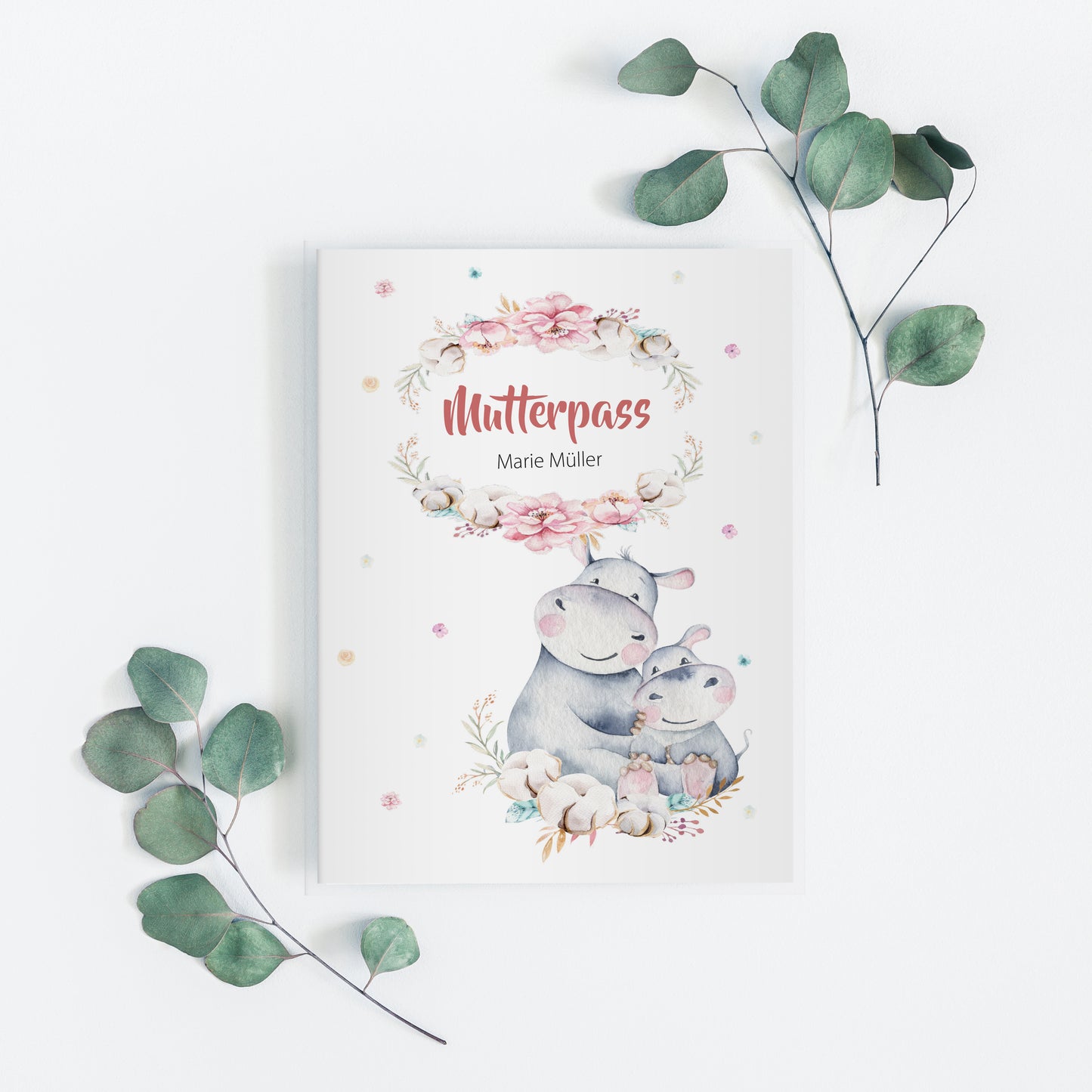 Mutterpasshülle personalisiert, Niedliche Tiere "Nilpferd" - Little Fairy Tales