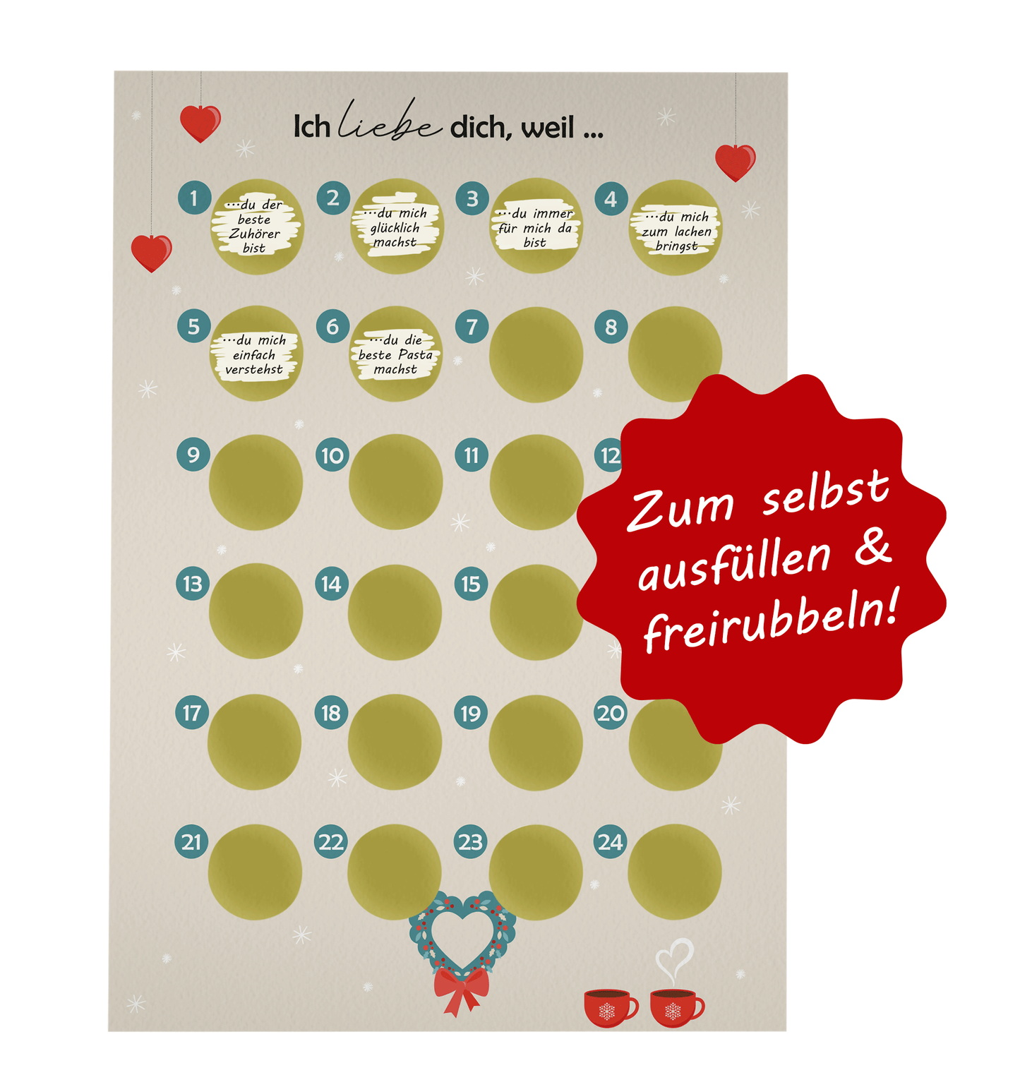 Adventskalender zum rubbeln und selbst schreiben "Ich liebe dich weil…" Rubbeladventskalender für Freundin, Freund & Paare - Rubbelkalender