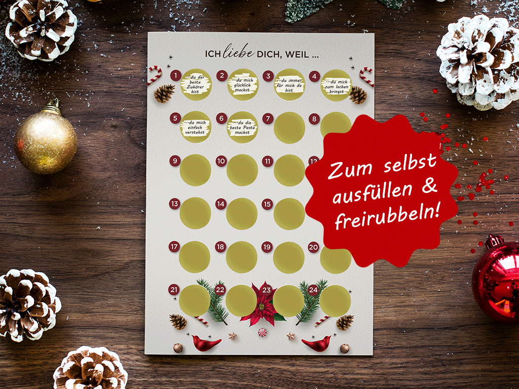 Adventskalender zum rubbeln und selbst schreiben "Ich liebe dich weil…" Rubbeladventskalender für Freundin, Freund & Paare - Rubbelkalender