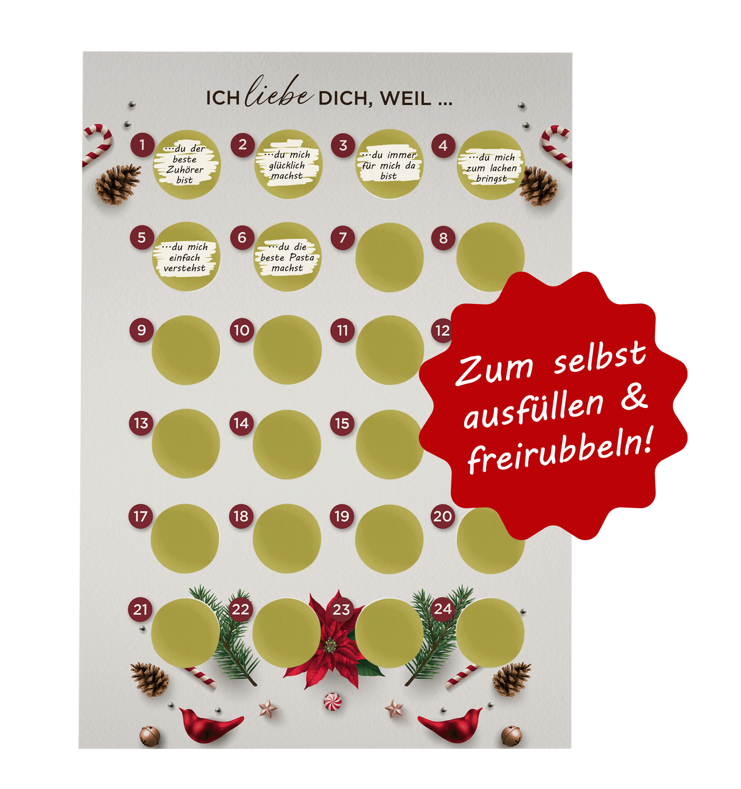Adventskalender zum rubbeln und selbst schreiben "Ich liebe dich weil…" Rubbeladventskalender für Freundin, Freund & Paare - Rubbelkalender
