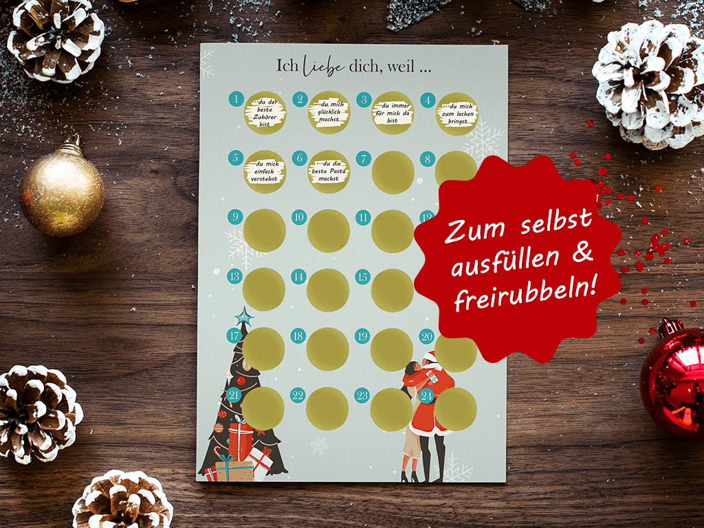 Adventskalender zum rubbeln und selbst schreiben "Ich liebe dich weil…" Rubbeladventskalender für Freundin, Freund & Paare - Rubbelkalender