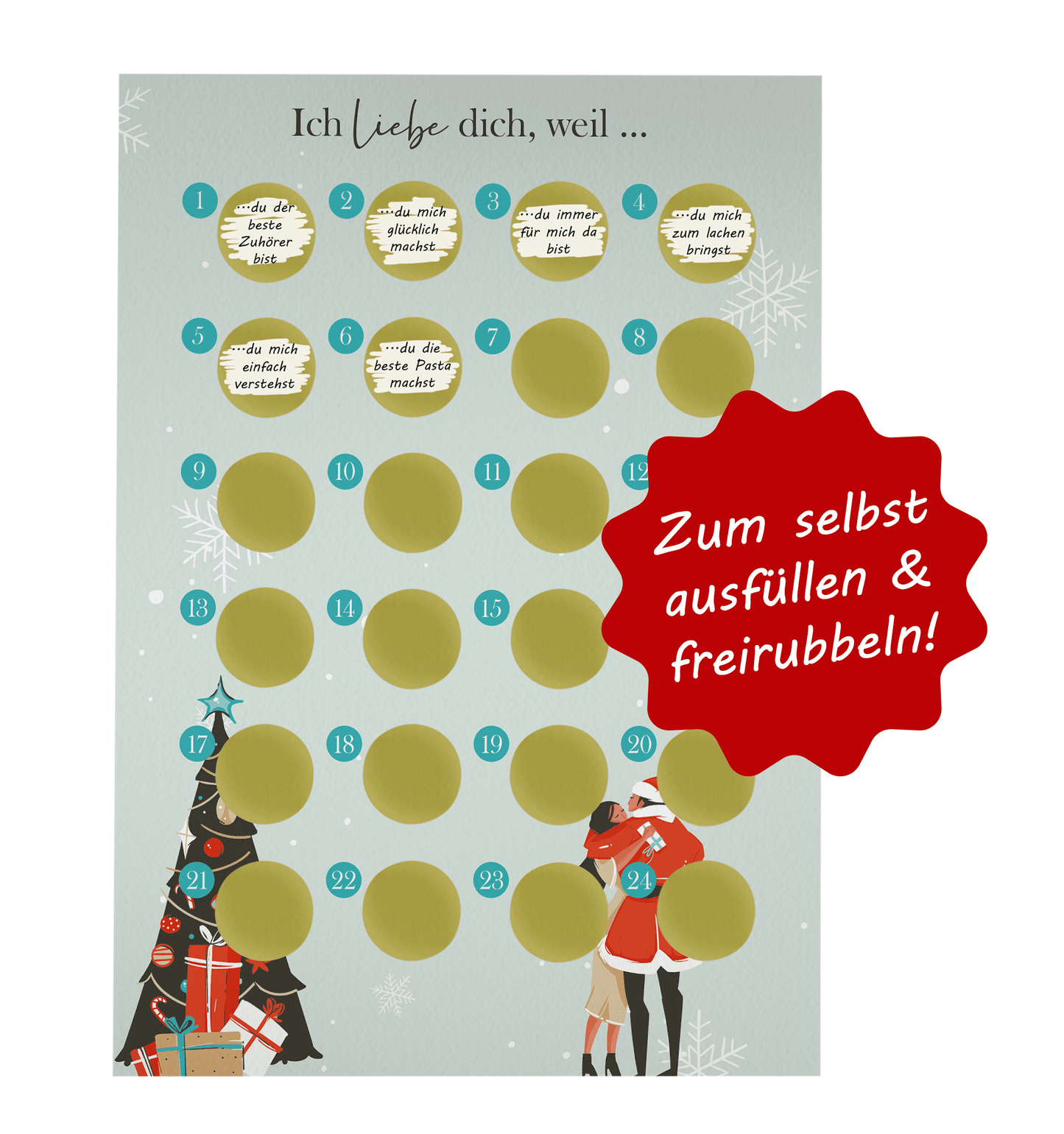 Adventskalender zum rubbeln und selbst schreiben "Ich liebe dich weil…" Rubbeladventskalender für Freundin, Freund & Paare - Rubbelkalender