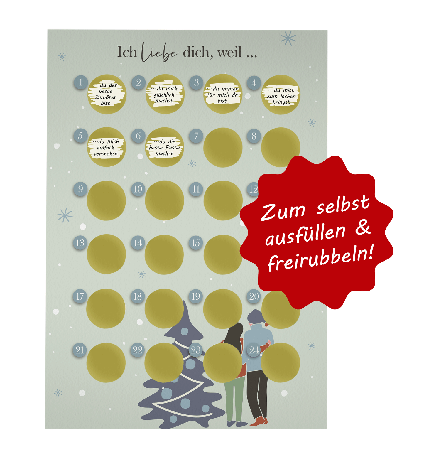 Adventskalender zum rubbeln und selbst schreiben "Ich liebe dich weil…" Rubbeladventskalender für Freundin, Freund & Paare - Rubbelkalender