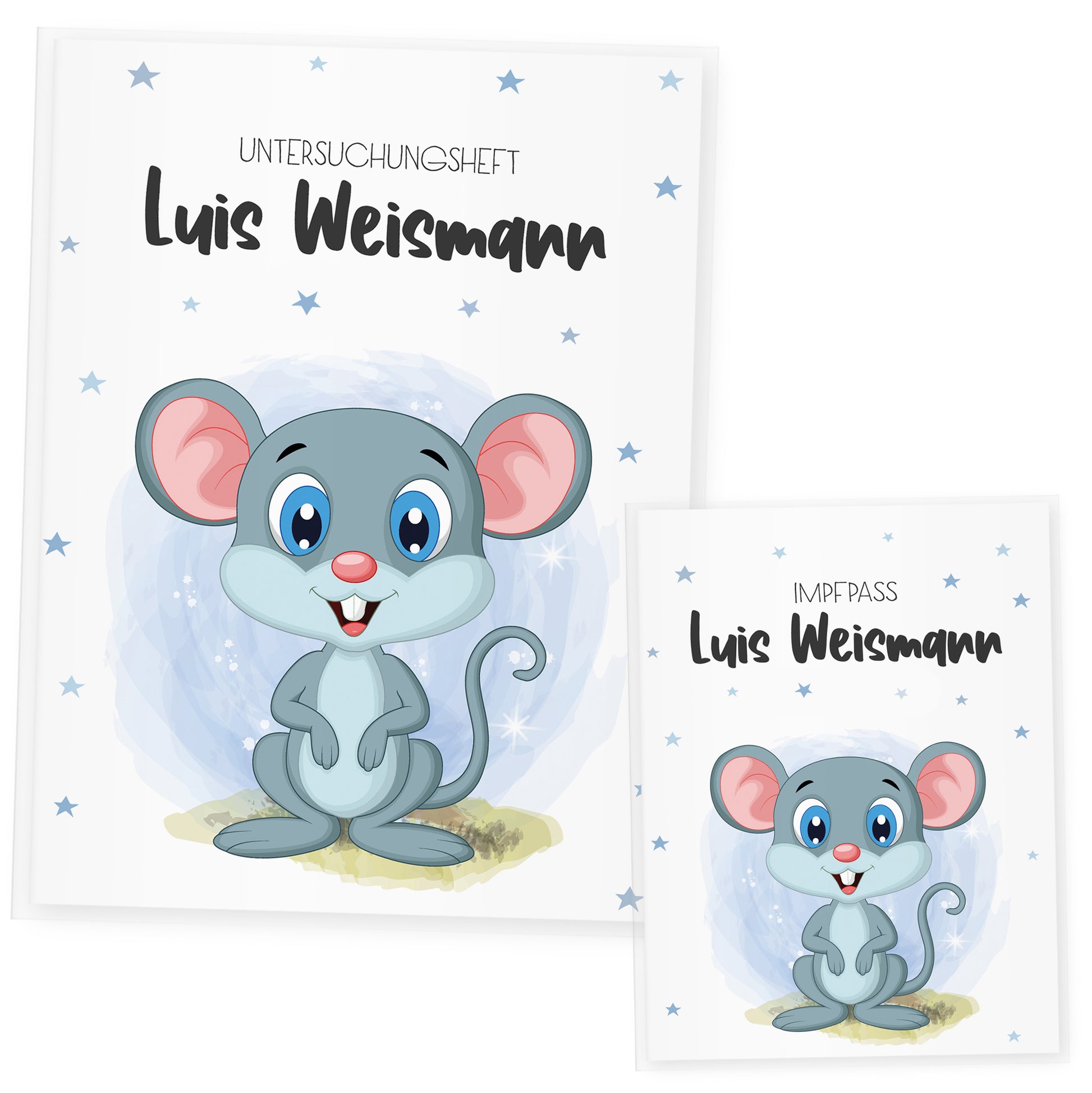 Uhefthülle_und_Impfpasshülle_babytiere_maus_blau