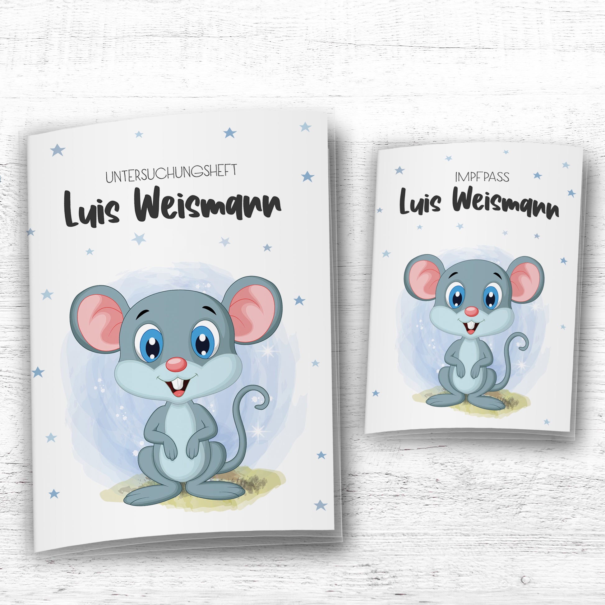 Uhefthülle_und_Impfpasshülle_babytiere_maus_blau