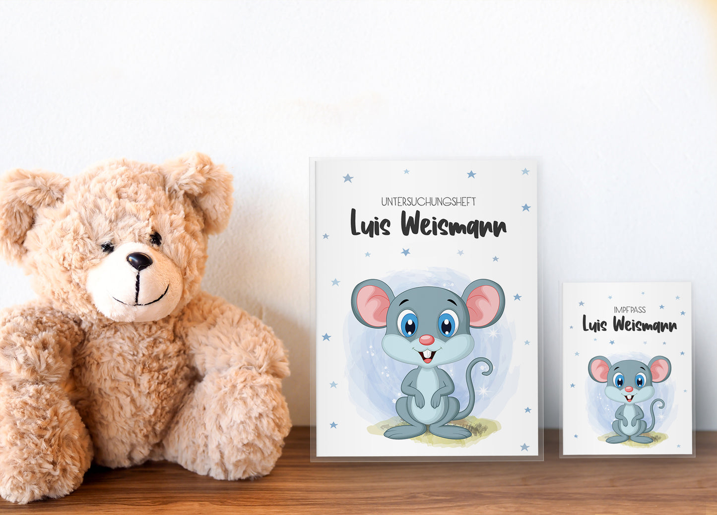 Uhefthülle_und_Impfpasshülle_babytiere_maus_blau