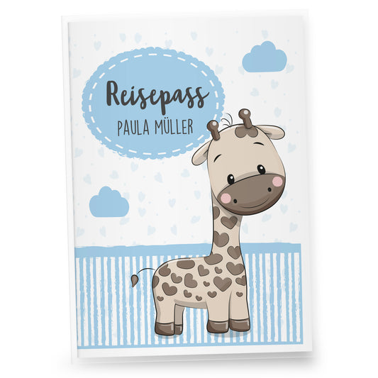 Kinderreisepasshülle-personalisiert-Reisepasshülle_tiere_giraffe_blau