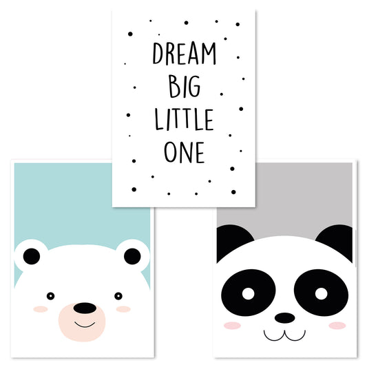 Kinderposter 3er Set, DINA4, "Bär, Dream Big Little One, Pandabär" - Little Fairy Tales