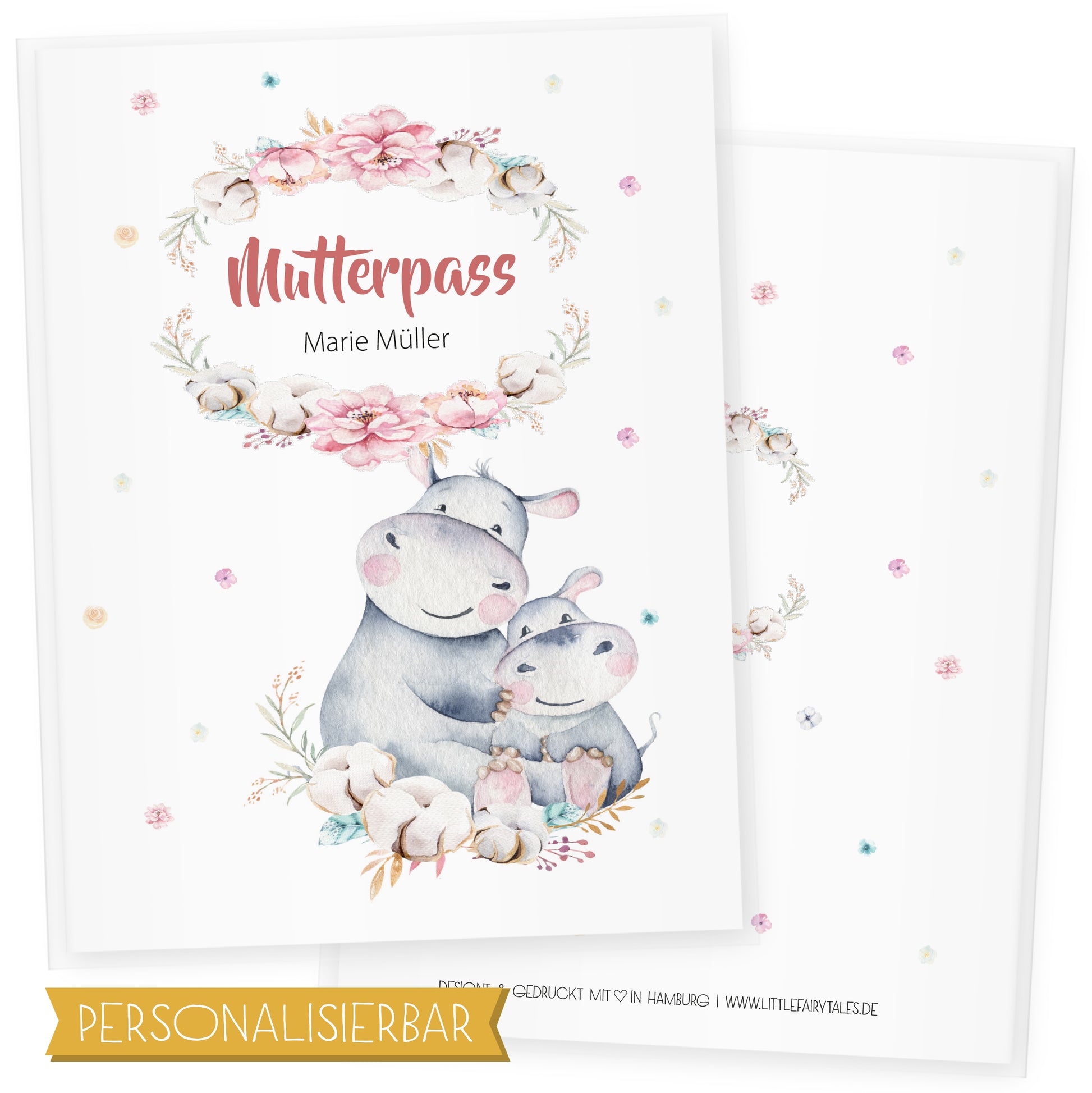 Mutterpasshülle personalisiert, Niedliche Tiere "Nilpferd" - Little Fairy Tales